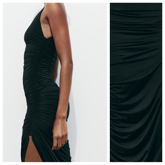 NWT. Zara Black Fitted Draped Sleeveless Midi Dress. Size S. - Picture 2 of 7
